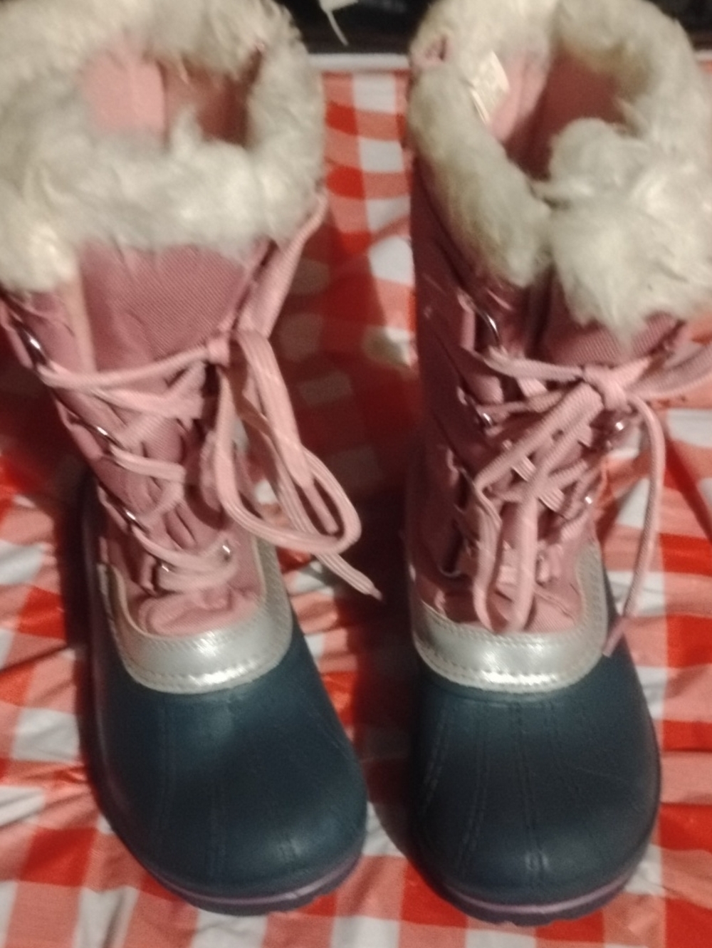 Pink and Navy Girls' Winter Snow Boots with Faux Fur Trim